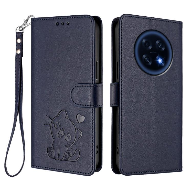 For OPPO A6 GT 5G Embossed Heart Cat Leather Phone Case with Hand Strap