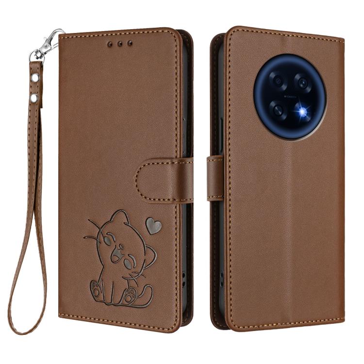 For OPPO A6 GT 5G Embossed Heart Cat Leather Phone Case with Hand Strap