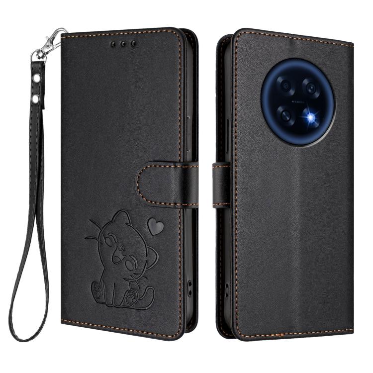 For OPPO A6 GT 5G Embossed Heart Cat Leather Phone Case with Hand Strap