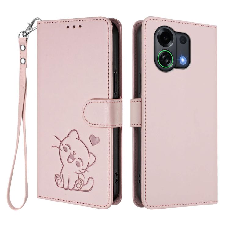 For OPPO K13 Turbo 5G Embossed Heart Cat Leather Phone Case with Hand Strap
