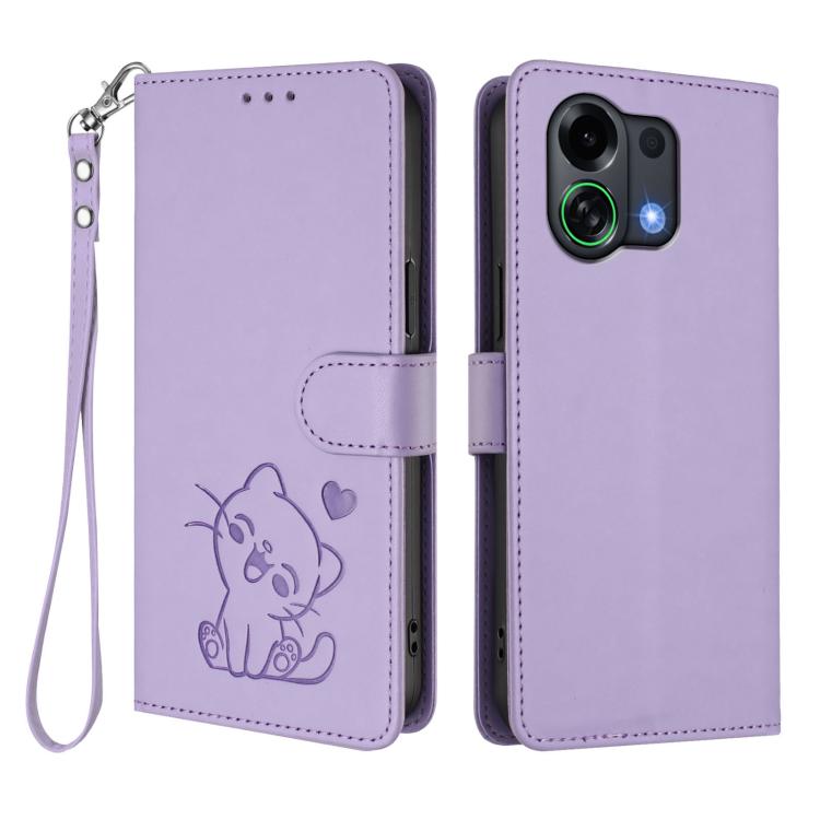 For OPPO K13 Turbo 5G Embossed Heart Cat Leather Phone Case with Hand Strap
