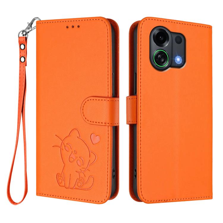 For OPPO K13 Turbo 5G Embossed Heart Cat Leather Phone Case with Hand Strap