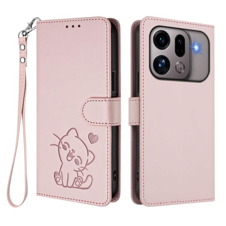 For OPPO Find X9s Pro 5G Embossed Heart Cat Leather Phone Case with Hand Strap