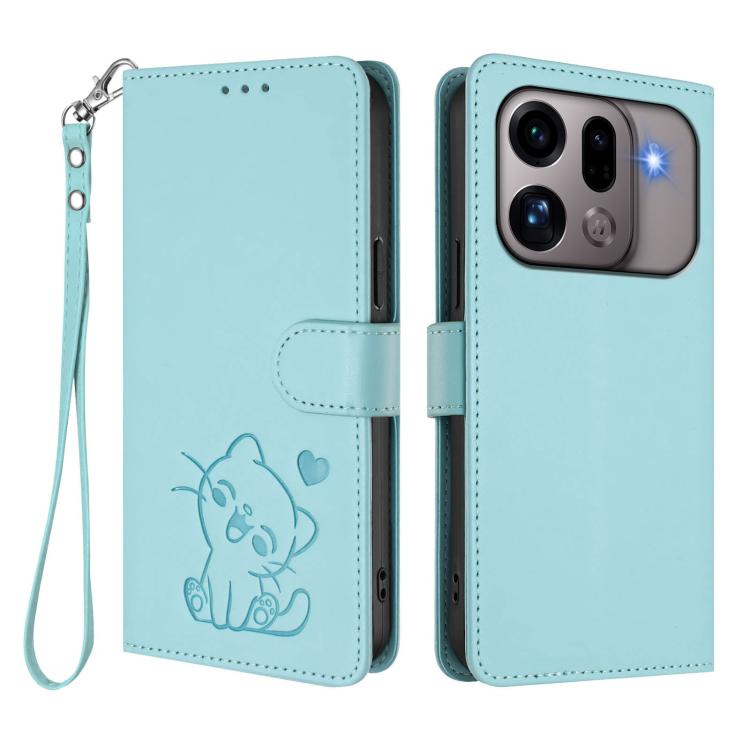 For OPPO Find X9s Pro 5G Embossed Heart Cat Leather Phone Case with Hand Strap