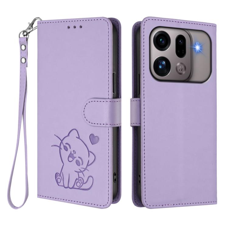 For OPPO Find X9s Pro 5G Embossed Heart Cat Leather Phone Case with Hand Strap