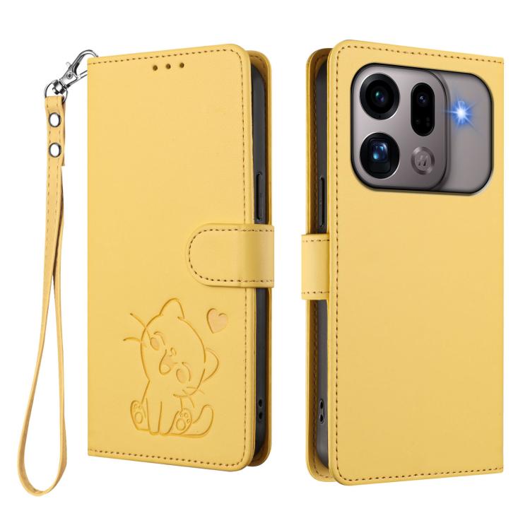 For OPPO Find X9s Pro 5G Embossed Heart Cat Leather Phone Case with Hand Strap