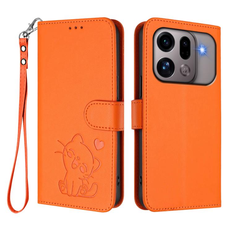 For OPPO Find X9s Pro 5G Embossed Heart Cat Leather Phone Case with Hand Strap
