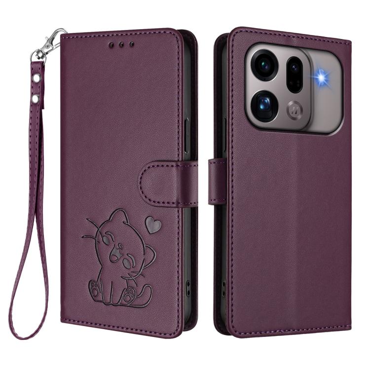 For OPPO Find X9s Pro 5G Embossed Heart Cat Leather Phone Case with Hand Strap