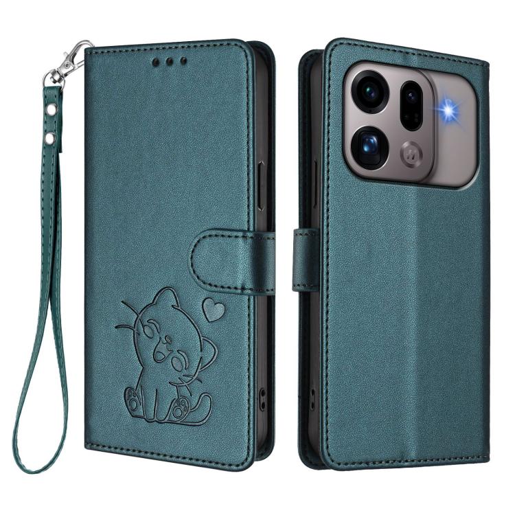 For OPPO Find X9s Pro 5G Embossed Heart Cat Leather Phone Case with Hand Strap