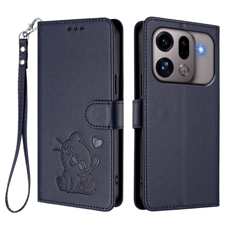 For OPPO Find X9s Pro 5G Embossed Heart Cat Leather Phone Case with Hand Strap