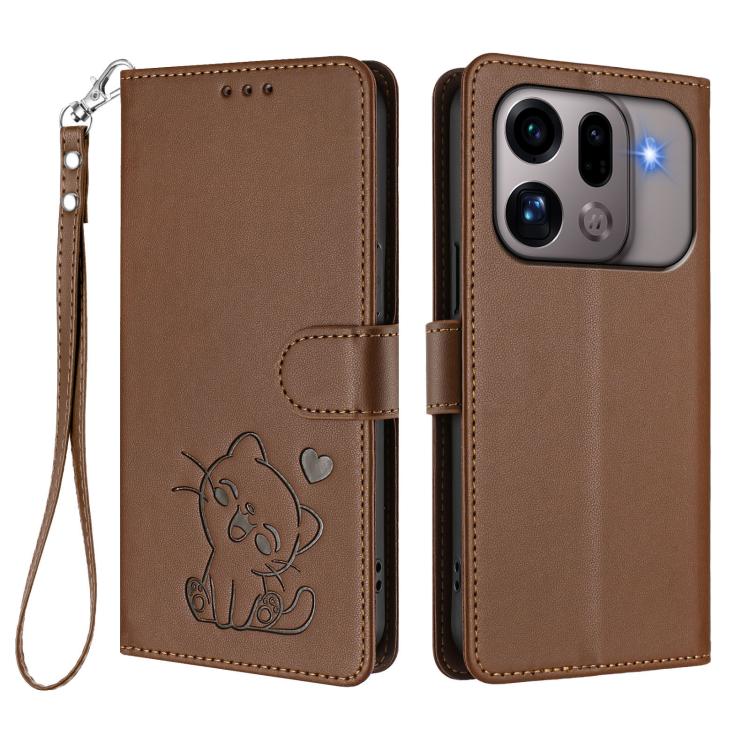 For OPPO Find X9s Pro 5G Embossed Heart Cat Leather Phone Case with Hand Strap
