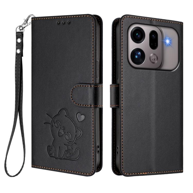 For OPPO Find X9s Pro 5G Embossed Heart Cat Leather Phone Case with Hand Strap