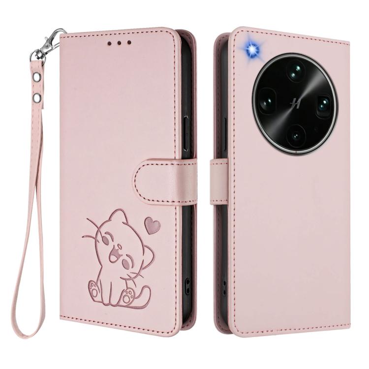 For OPPO Find X9 Ultra Embossed Heart Cat Leather Phone Case with Hand Strap