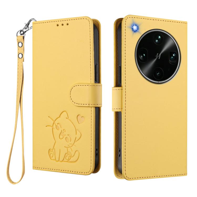For OPPO Find X9 Ultra Embossed Heart Cat Leather Phone Case with Hand Strap