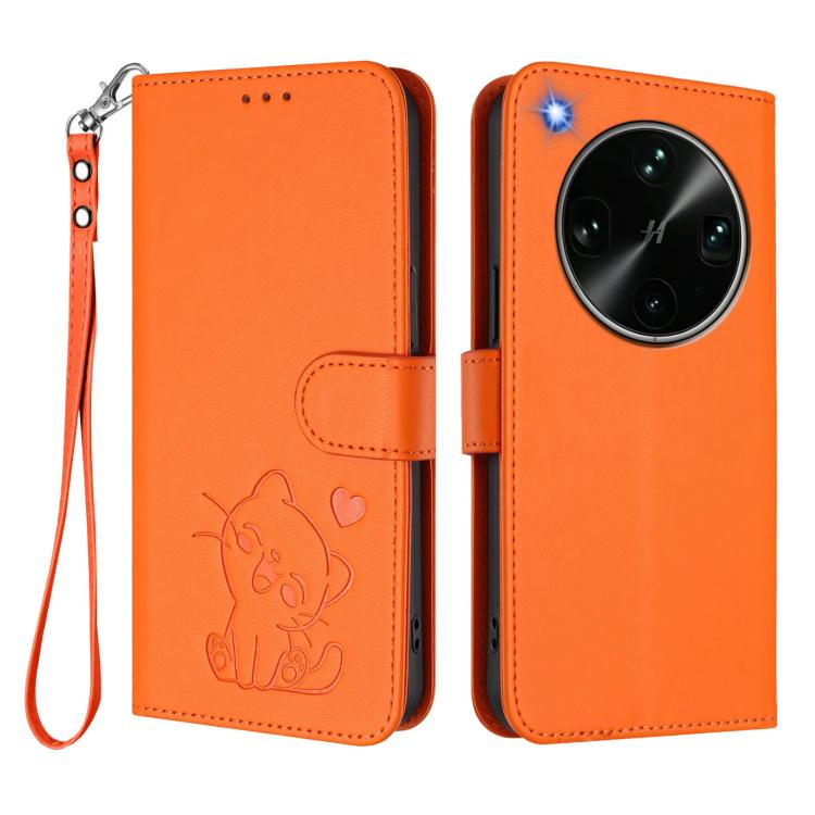 For OPPO Find X9 Ultra Embossed Heart Cat Leather Phone Case with Hand Strap
