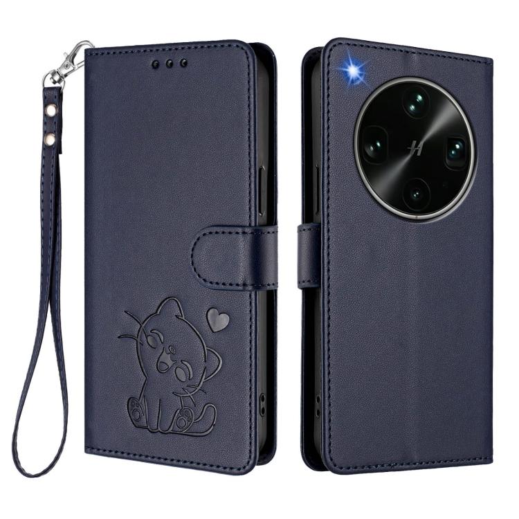 For OPPO Find X9 Ultra Embossed Heart Cat Leather Phone Case with Hand Strap