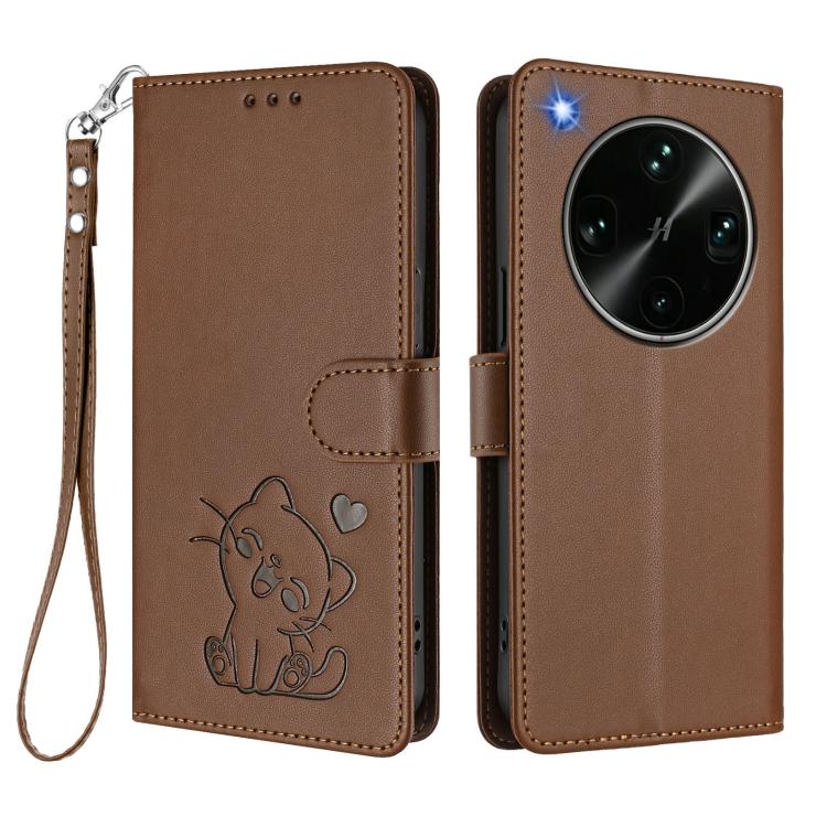 For OPPO Find X9 Ultra Embossed Heart Cat Leather Phone Case with Hand Strap