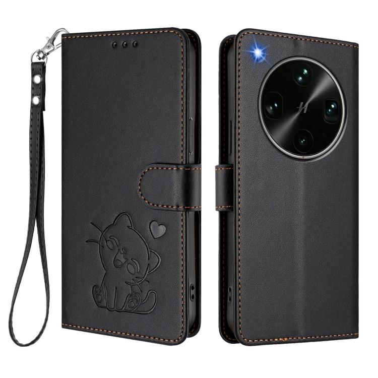 For OPPO Find X9 Ultra Embossed Heart Cat Leather Phone Case with Hand Strap