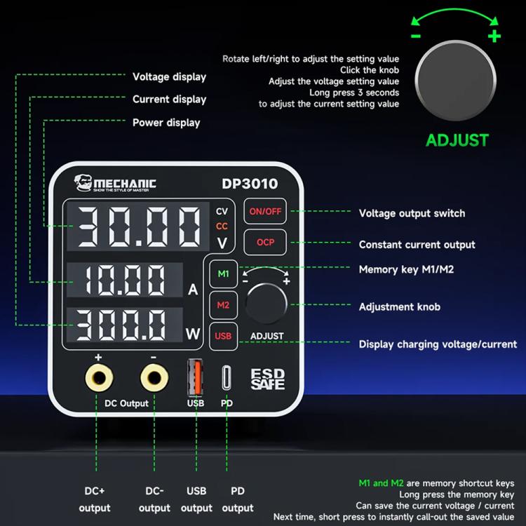 Mechanic DP3010 30V / 10A High Power Wide Voltage Mini Multi-functional Power Supply, Plug:EU Plug