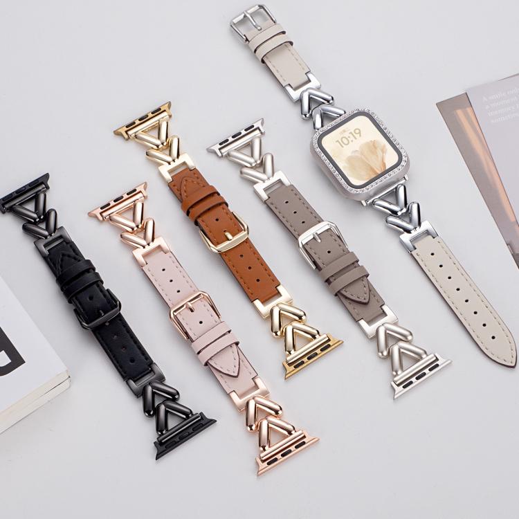 For Apple Watch 38 / 40 / 41 / S10 42mm xDfind V-shaped Metal Hybrid Leather Watch Band