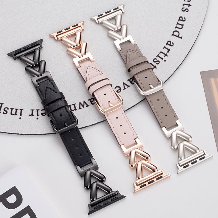 For Apple Watch 42 / 44 / 45 / 46 / 49mm xDfind V-shaped Metal Hybrid Leather Watch Band