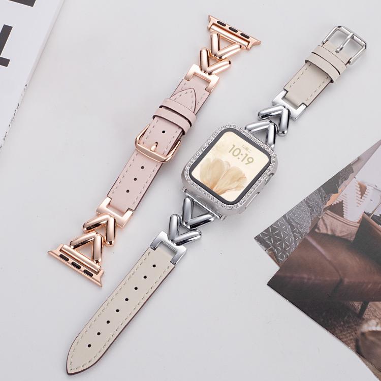 For Apple Watch 42 / 44 / 45 / 46 / 49mm xDfind V-shaped Metal Hybrid Leather Watch Band