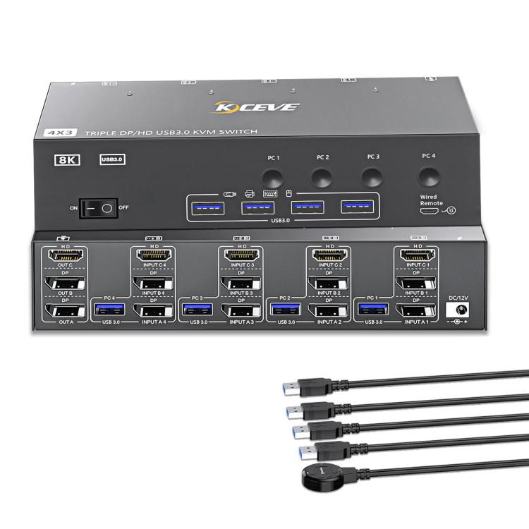 KCEVE KC-KVM403DH 4 IN 1 OUT DP/HD USB 3.0 4K 144Hz KVM Switch, Plug Type:AU Plug