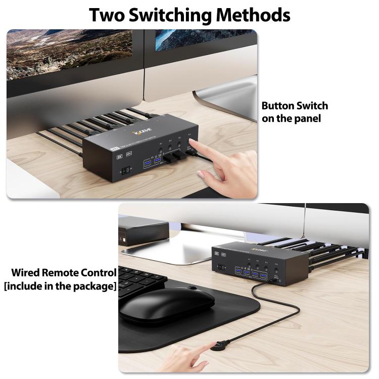 KCEVE KC-KVM403DH 4 IN 1 OUT DP/HD USB 3.0 4K 144Hz KVM Switch, Plug Type:EU Plug