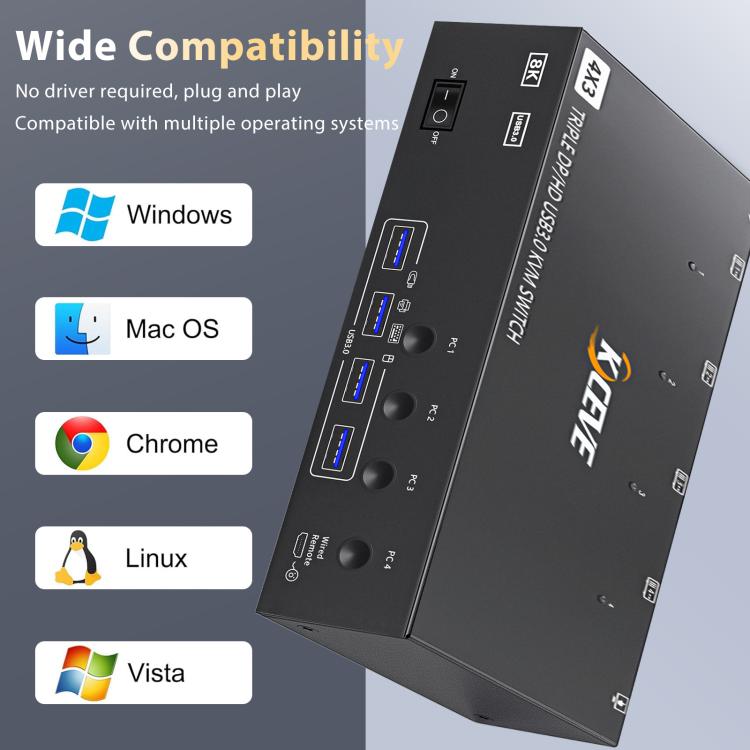 KCEVE KC-KVM403DH 4 IN 1 OUT DP/HD USB 3.0 4K 144Hz KVM Switch, Plug Type:EU Plug