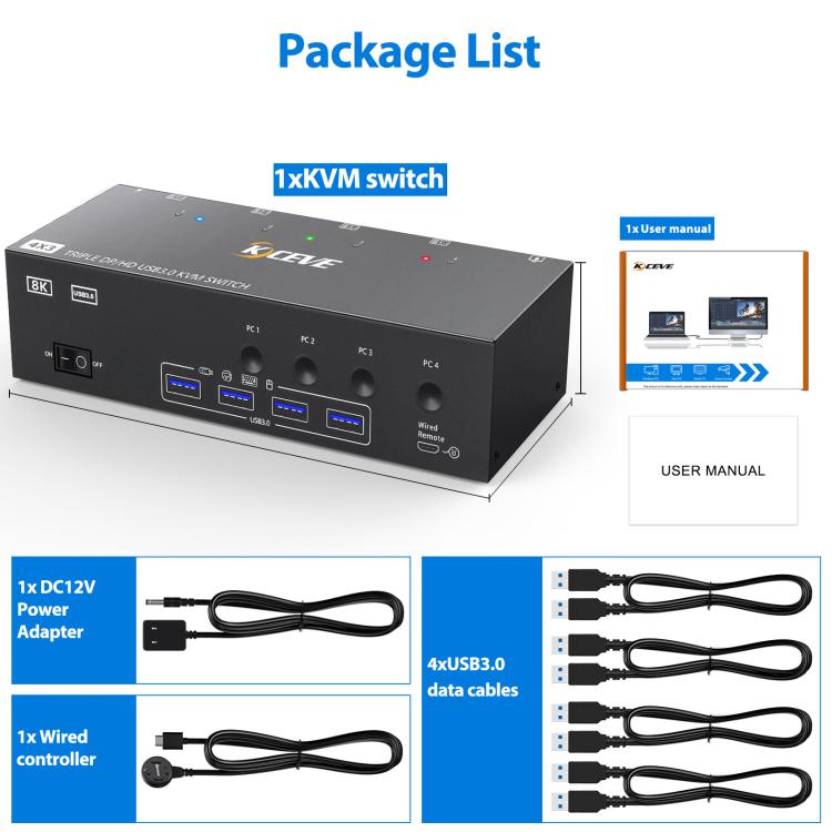 KCEVE KC-KVM403DH 4 IN 1 OUT DP/HD USB 3.0 4K 144Hz KVM Switch, Plug Type:EU Plug