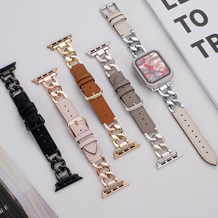 For Apple Watch 42 / 44 / 45 / 46 / 49mm xDfind Denim Chain Metal Hybrid Leather Watch Band