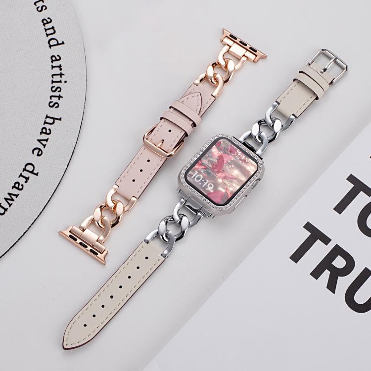 For Apple Watch 42 / 44 / 45 / 46 / 49mm xDfind Denim Chain Metal Hybrid Leather Watch Band