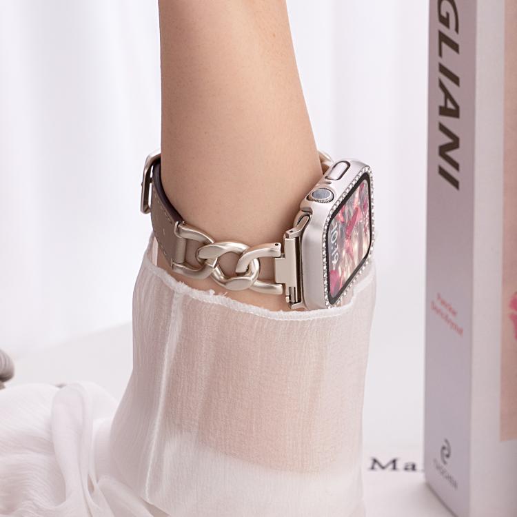 For Apple Watch 42 / 44 / 45 / 46 / 49mm xDfind Denim Chain Metal Hybrid Leather Watch Band