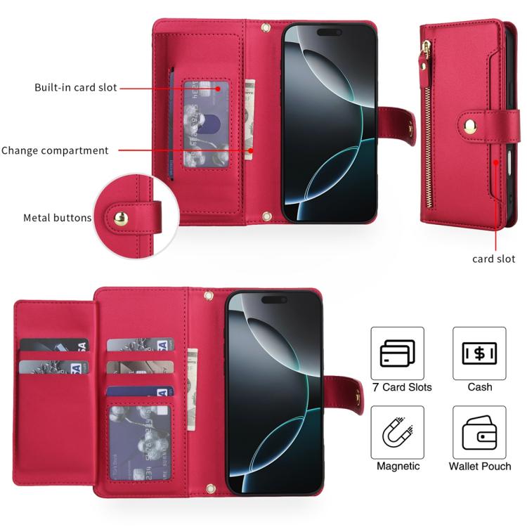 For iPhone 16 Pro Max Seven Card Slots Zipper Wallet Leather Phone Case with Lanyard