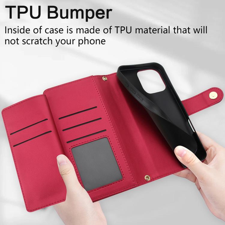 For iPhone 16 Pro Max Seven Card Slots Zipper Wallet Leather Phone Case with Lanyard