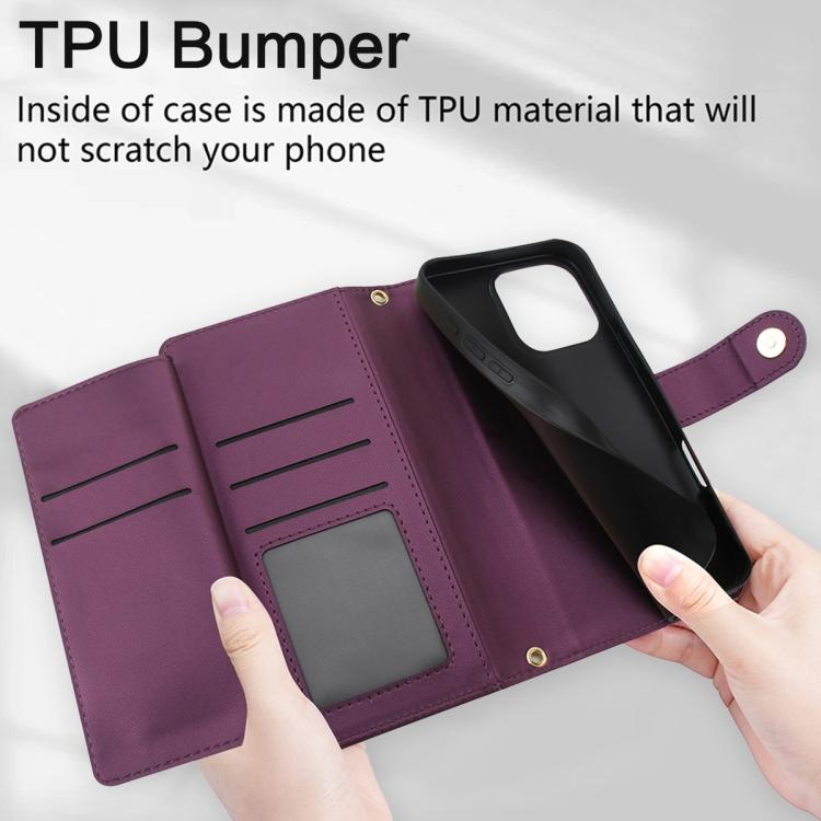 For iPhone 16 Pro Max Seven Card Slots Zipper Wallet Leather Phone Case with Lanyard