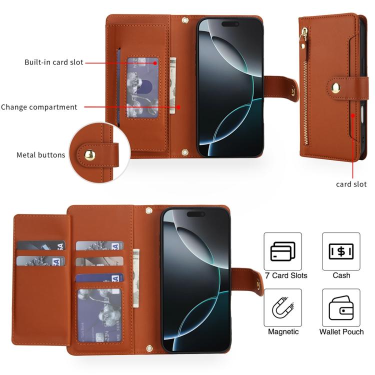 For iPhone 16 Pro Max Seven Card Slots Zipper Wallet Leather Phone Case with Lanyard