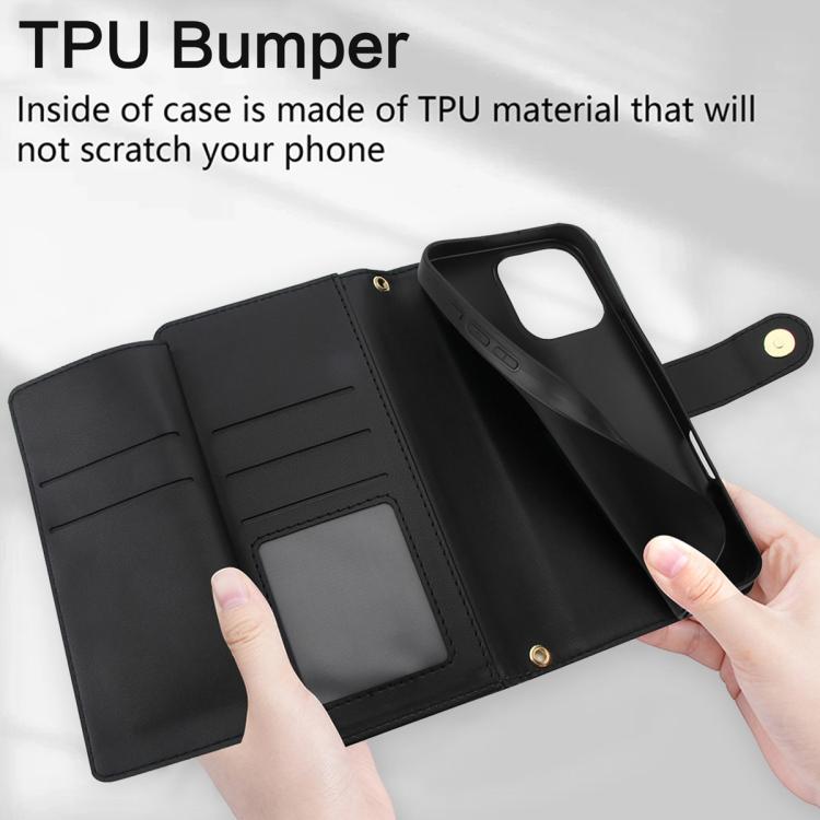 For iPhone 16 Pro Seven Card Slots Zipper Wallet Leather Phone Case with Lanyard