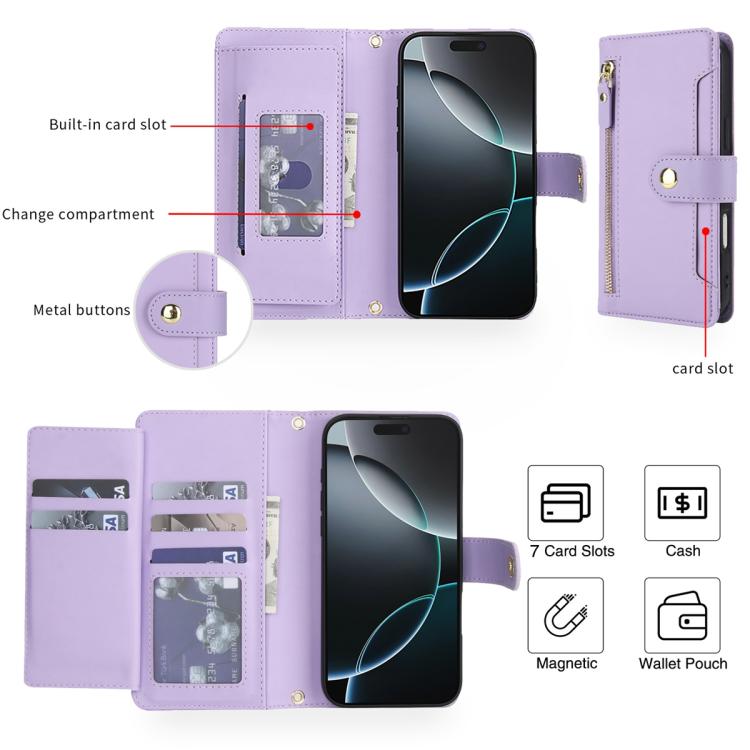 For iPhone 16 Pro Seven Card Slots Zipper Wallet Leather Phone Case with Lanyard