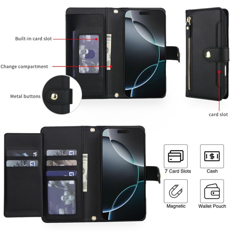 For iPhone 17 Pro Max Seven Card Slots Zipper Wallet Leather Phone Case with Lanyard
