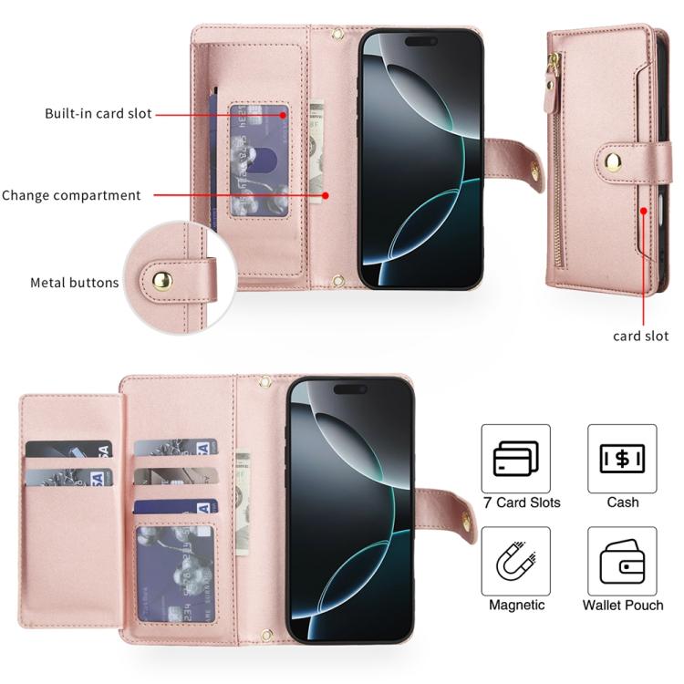 For iPhone 17 Pro Max Seven Card Slots Zipper Wallet Leather Phone Case with Lanyard