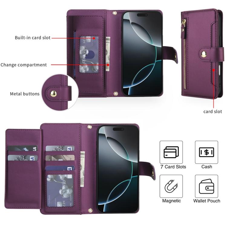 For iPhone 17 Pro Max Seven Card Slots Zipper Wallet Leather Phone Case with Lanyard
