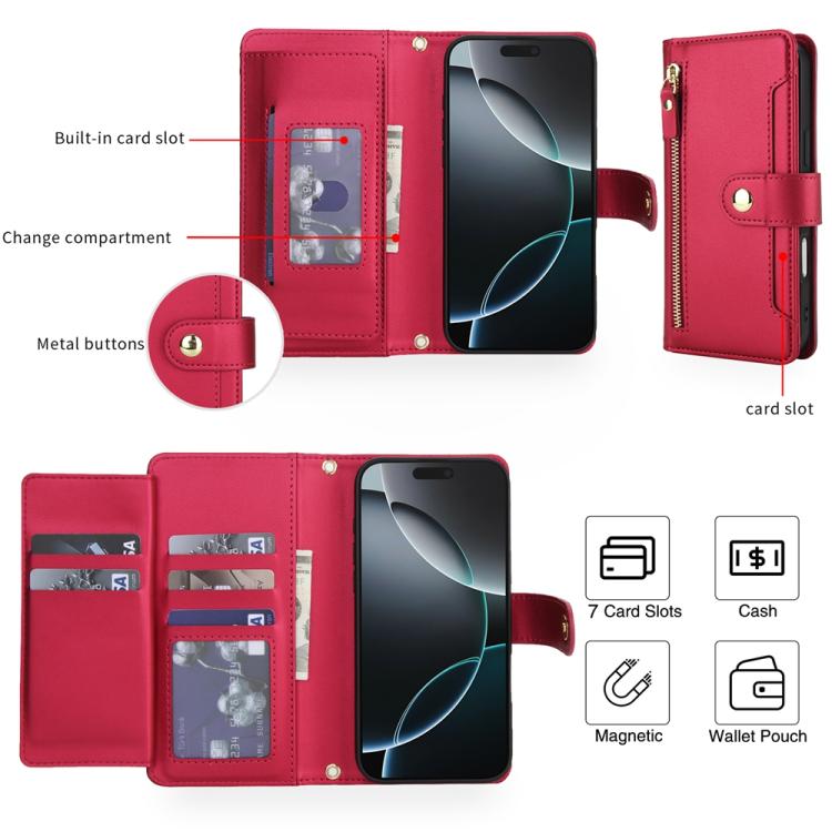 For iPhone 17 Pro Seven Card Slots Zipper Wallet Leather Phone Case with Lanyard