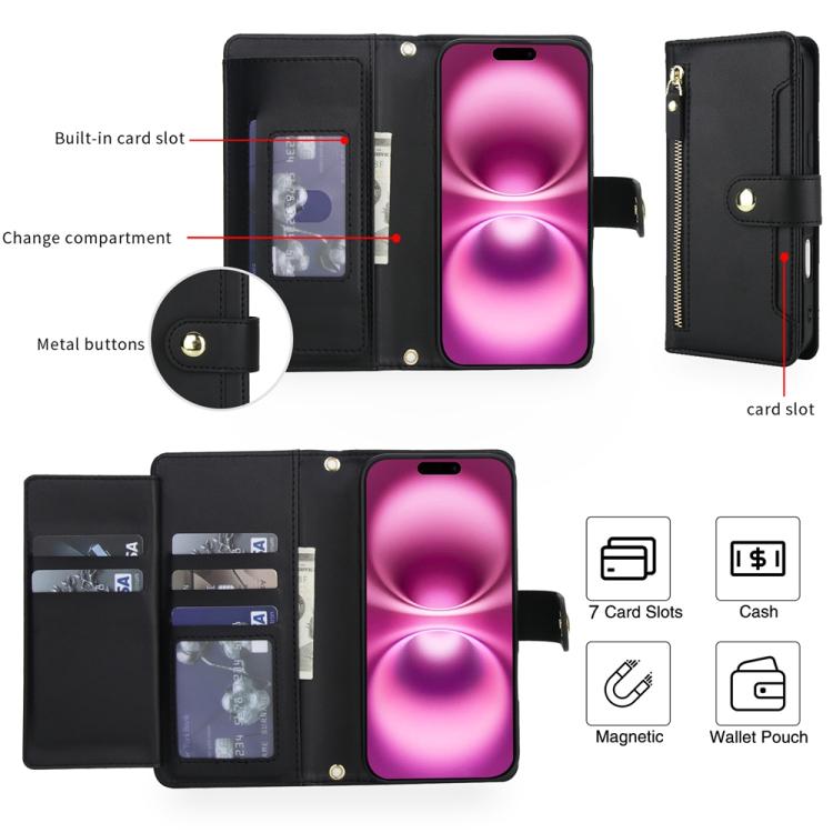 For iPhone 17 Seven Card Slots Zipper Wallet Leather Phone Case with Lanyard