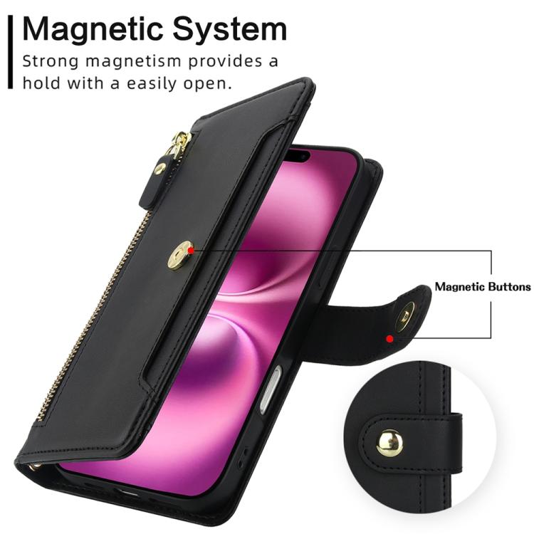 For iPhone 17 Seven Card Slots Zipper Wallet Leather Phone Case with Lanyard