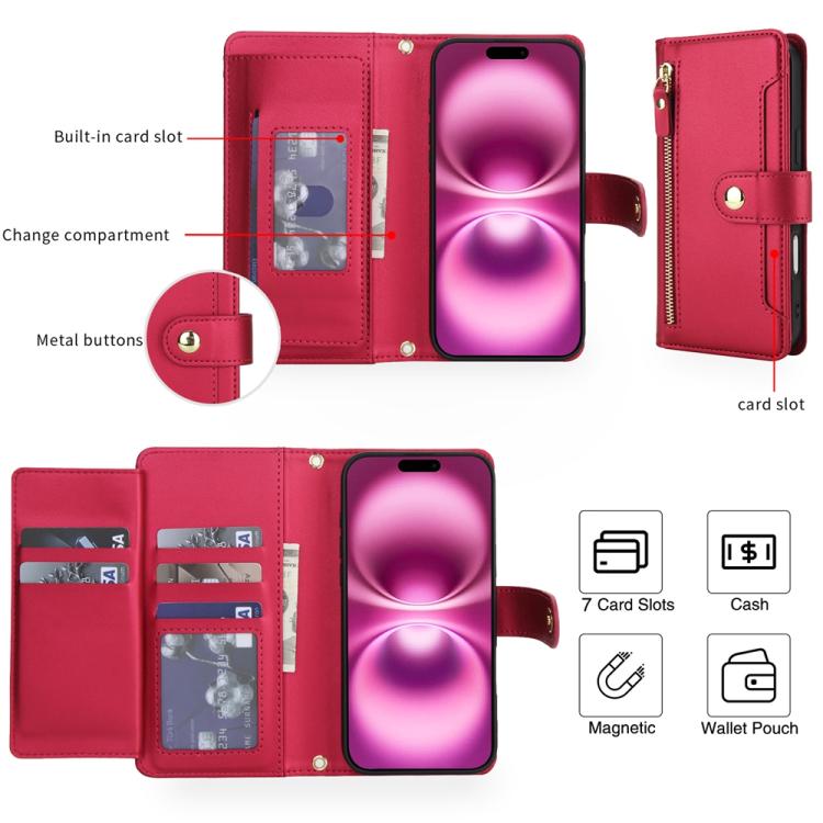 For iPhone 17 Seven Card Slots Zipper Wallet Leather Phone Case with Lanyard