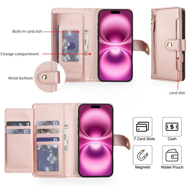 For iPhone 17 Seven Card Slots Zipper Wallet Leather Phone Case with Lanyard