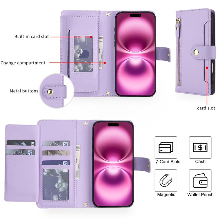 For iPhone 17 Seven Card Slots Zipper Wallet Leather Phone Case with Lanyard