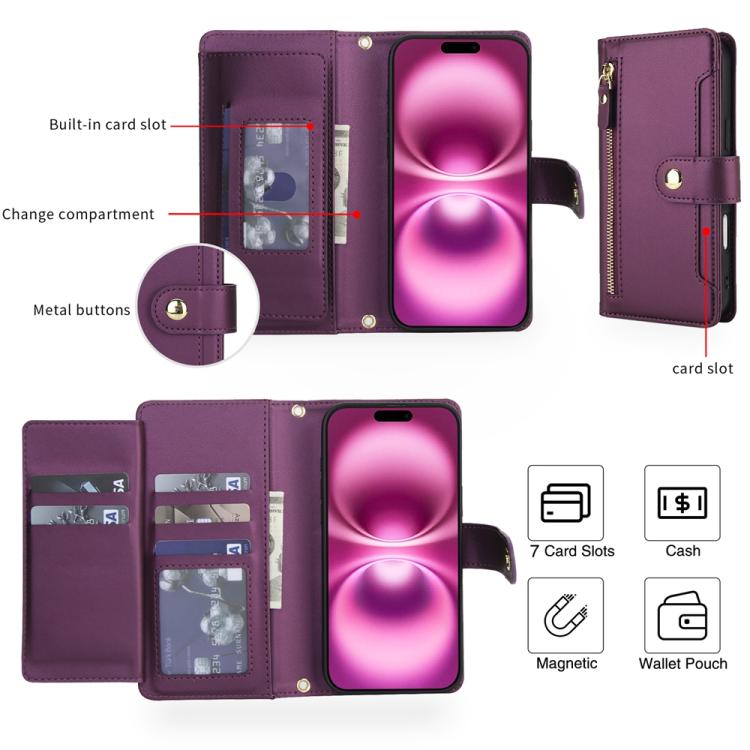 For iPhone 17 Seven Card Slots Zipper Wallet Leather Phone Case with Lanyard