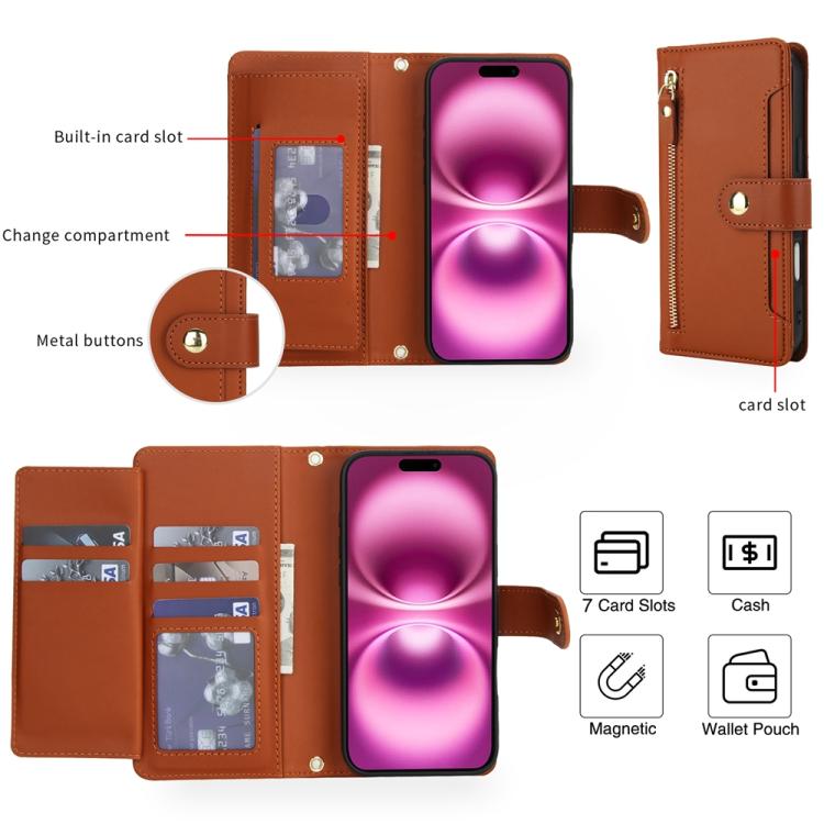 For iPhone 17 Seven Card Slots Zipper Wallet Leather Phone Case with Lanyard